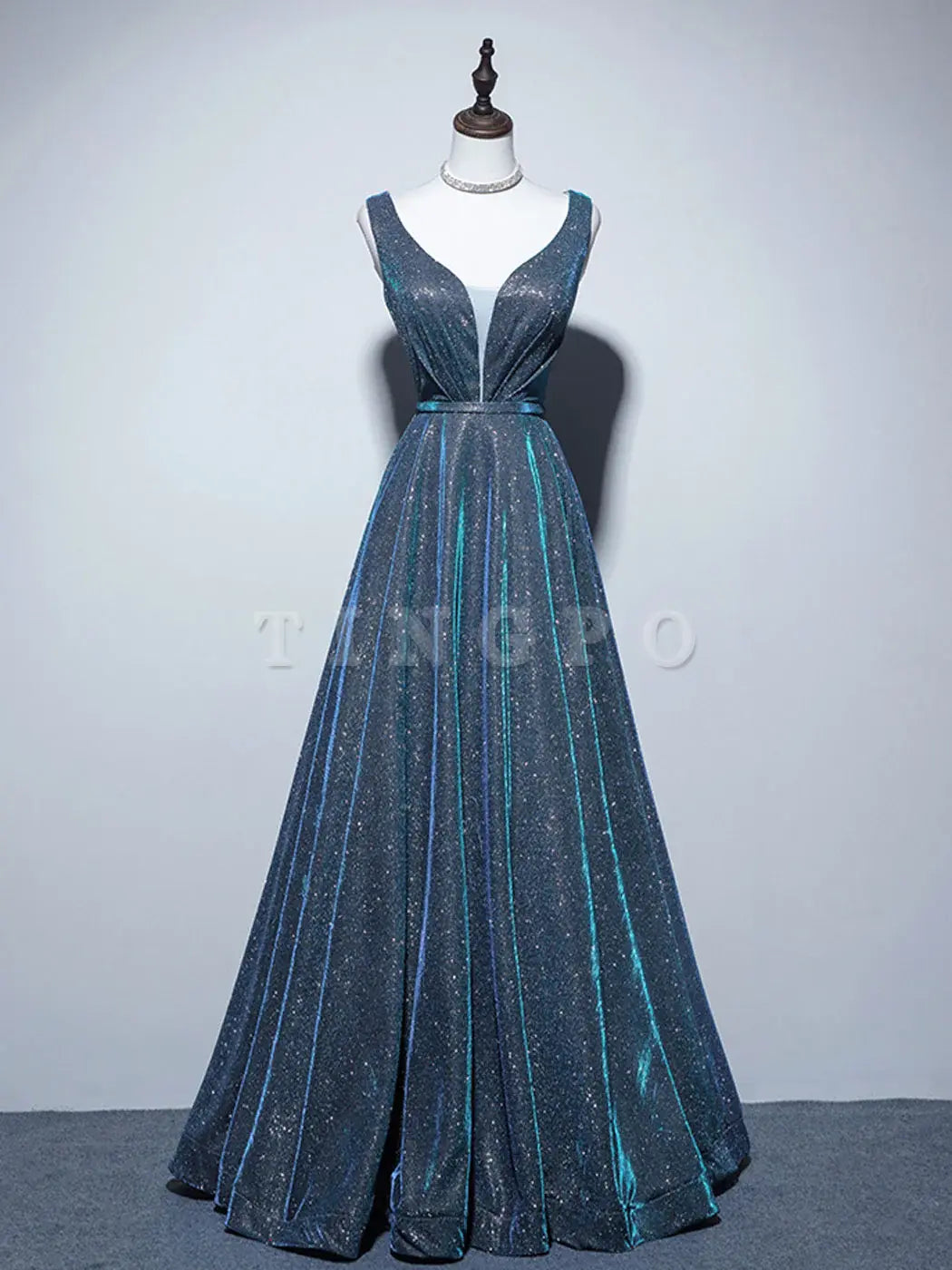 Wholesale A-Line V Neck Satin Blue Long Prom Dress Blue Formal Dresses gowns evening dresses